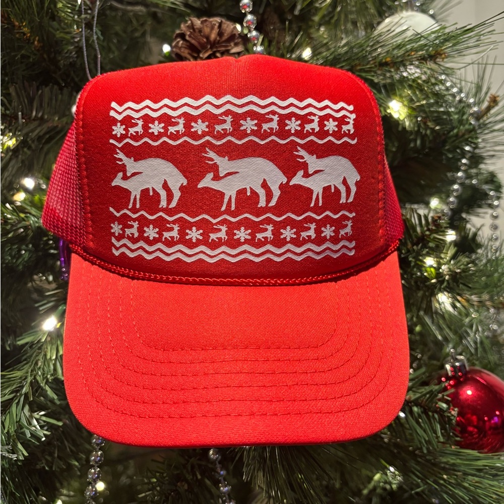 Red Trucker Hat with Reindeer Design